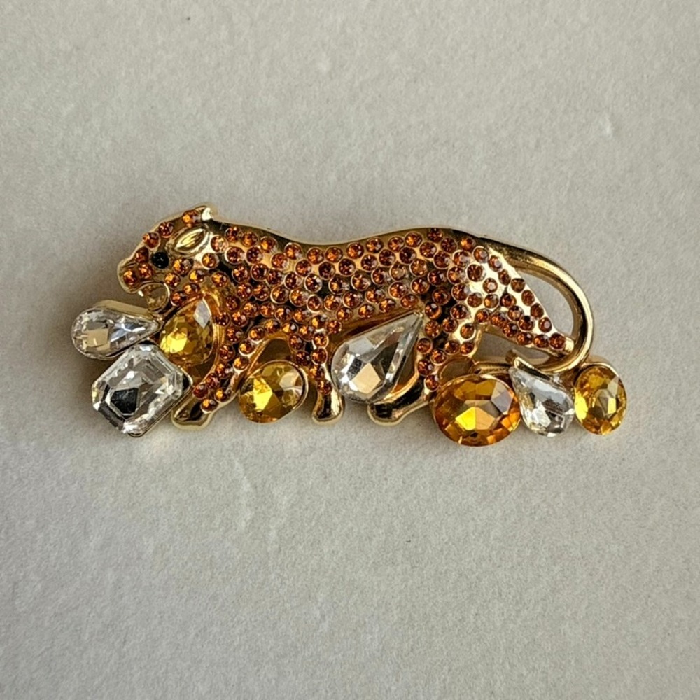 Leopard Brooch Gold Tone Amber Orange Clear Rhinestone Big Cat Statement Pin